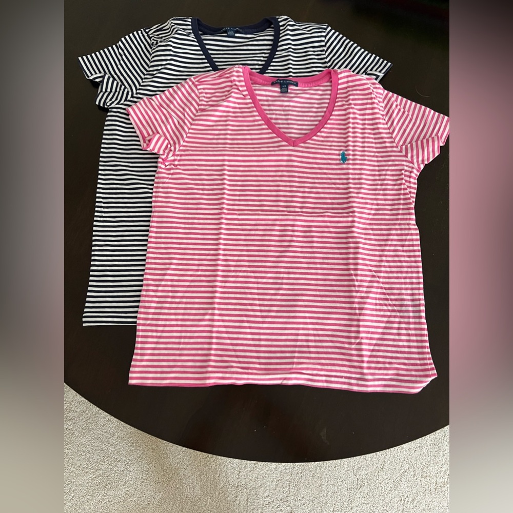 Set of Two Women’s Ralph Lauren striped V-neck short sleeve T-shirts, Size Large